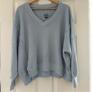 American Eagle Blue Thermal Waffle V-Neck Sweater Cotton Blend Size XS